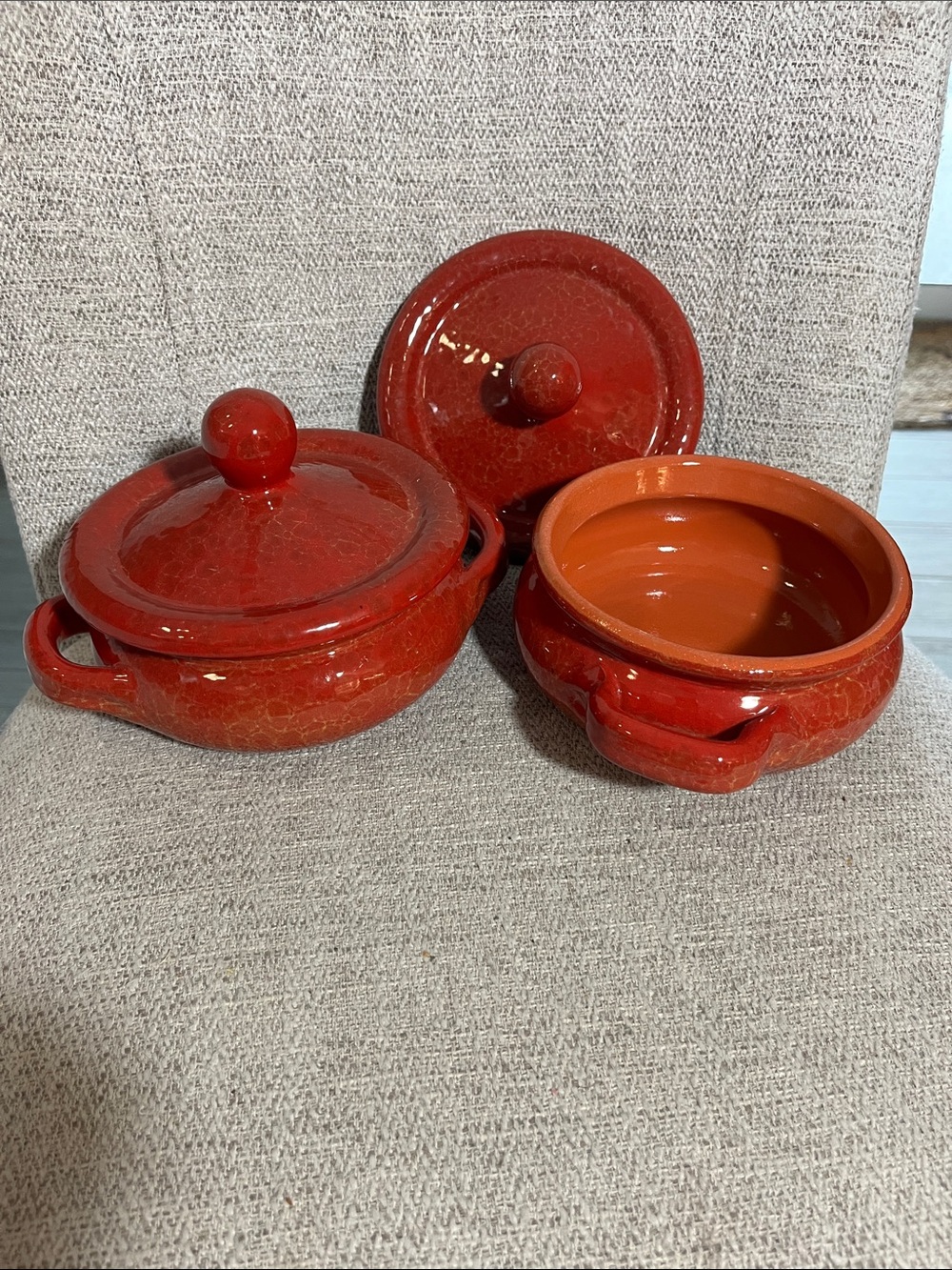 2 DeSilva clay Terracotta casserole bowl lids red glazed handles New